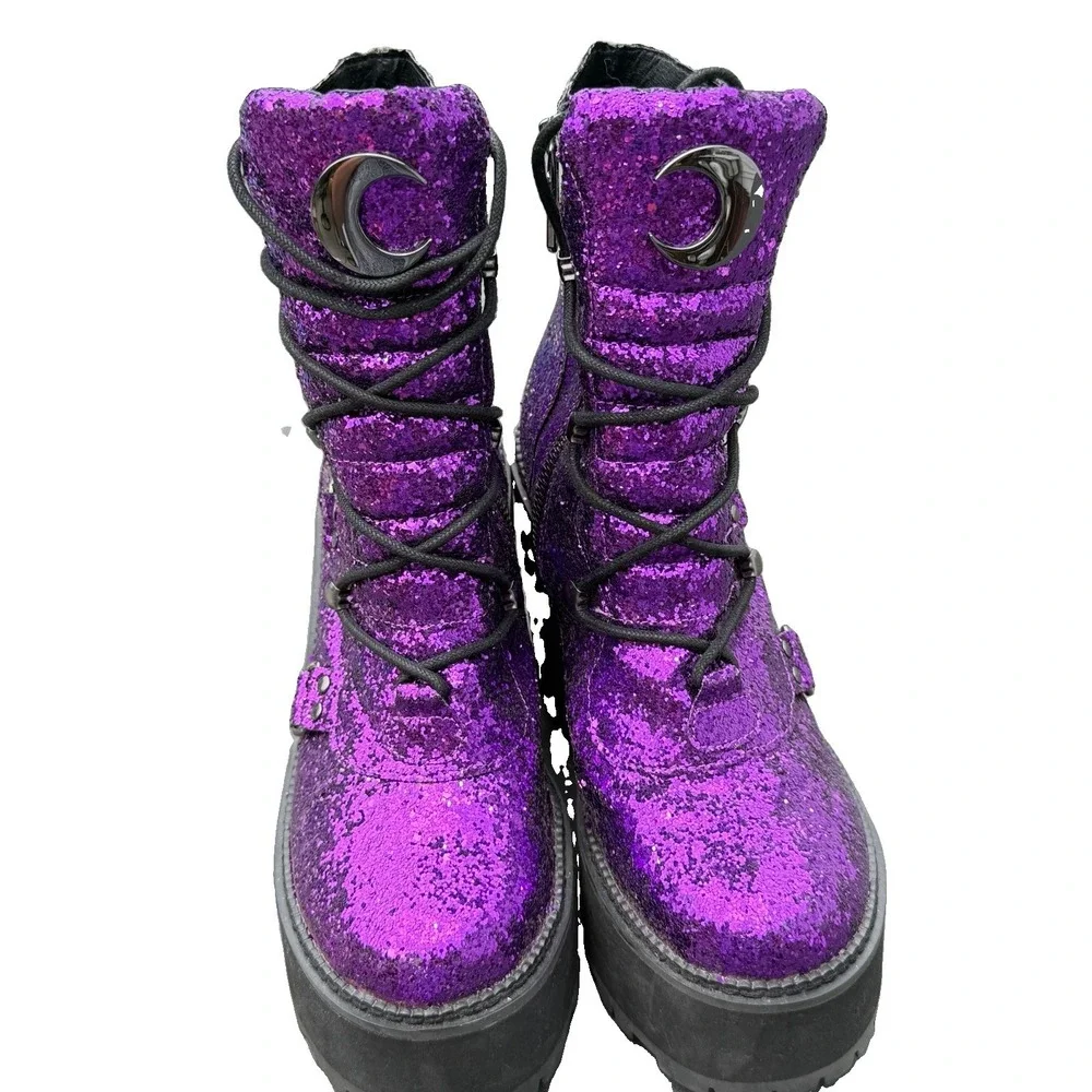 Size 8 Broom Rider Purple Glitter Platform Boots Women's Witchy Goth Festival